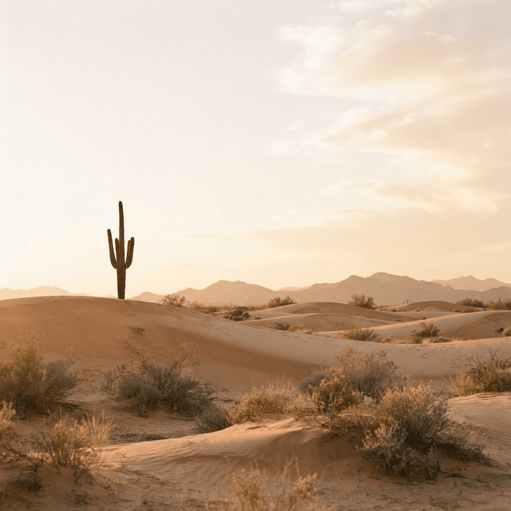 Soft golden light over rolling Sonoran desert dunes with a saguaro cactus